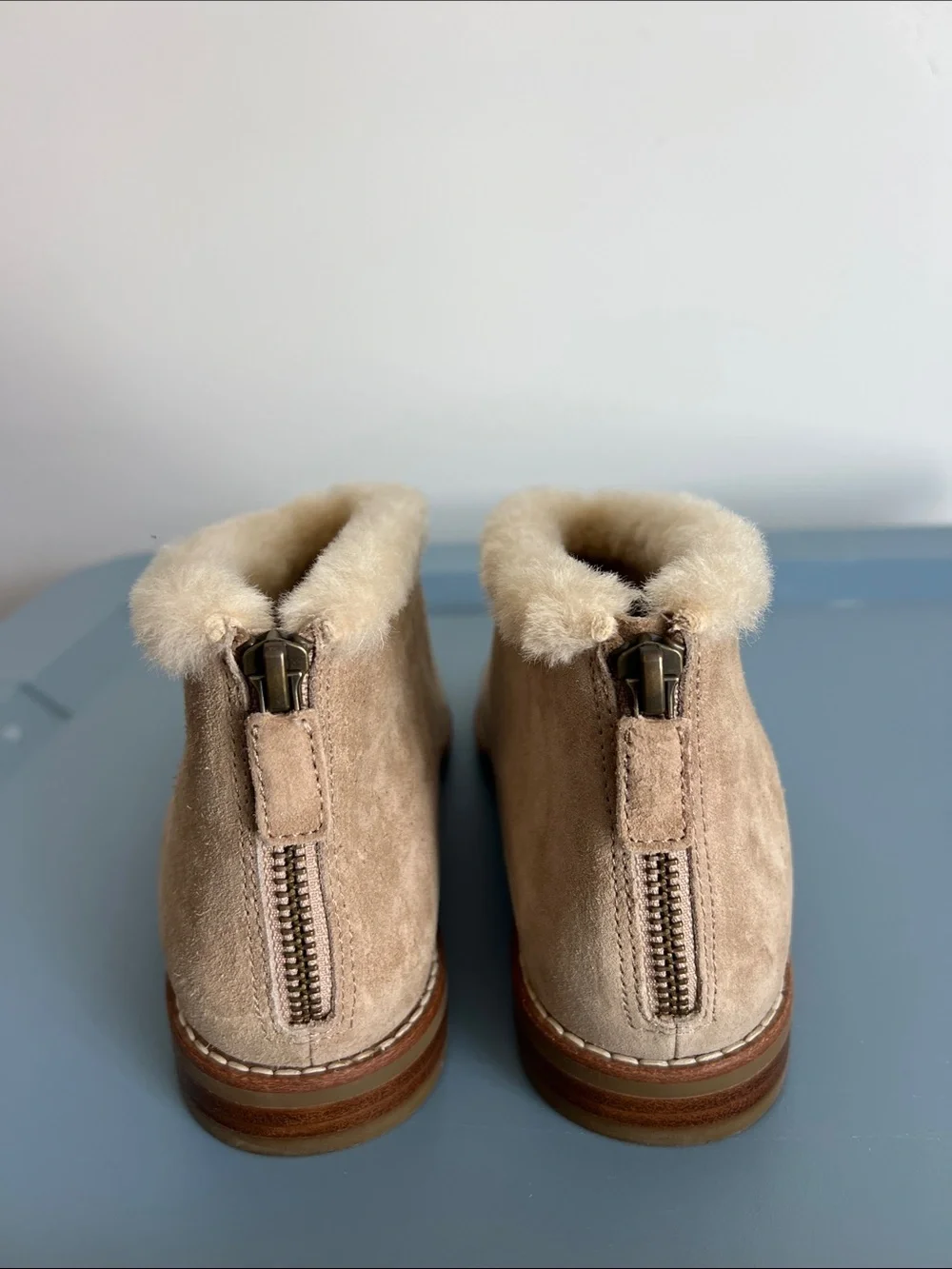 Eileen Fisher drift ankle boot booties biscuit sport suede leather tan shearling